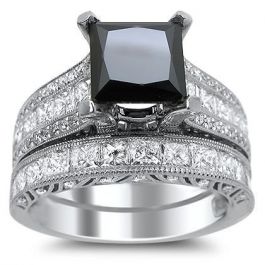 4.70ct Black Princess Cut Diamond Engagement Ring Bridal Set 18k White ...
