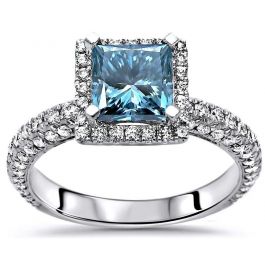 1.74ct Princess Cut Blue Diamond Halo Engagement Ring 14k