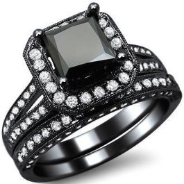 3.51ct Black Princess Cut Diamond Engagement Ring Bridal Set 18k Black ...