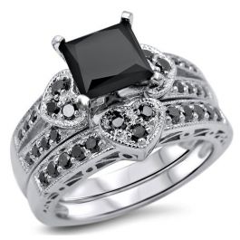 2.27ct Black Princess Cut Diamond Heart Engagement Ring Wedding Set 14k ...