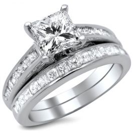 Channel Set Princess Cut Diamond Engagement Ring Bridal Set 14k White ...