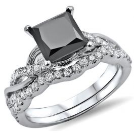 1.50ct Black Princess Diamond Engagement Ring Bridal Set 14k White Gld