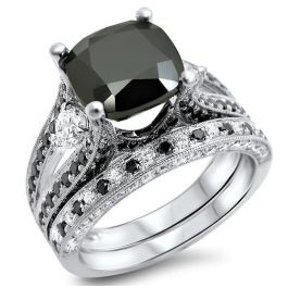 4.35ct Black Cushion Diamond Engagement Ring Bridal Set 14k White Gold