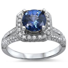 2.15ct Round Blue Sapphire Diamond Engagement Ring 18k White Gold ...