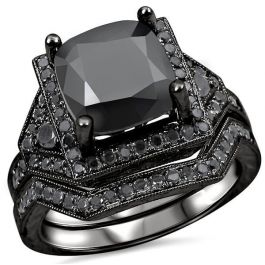 4.0ct Black Cushion Cut Diamond Engagement Ring Bridal Set 14k Black ...