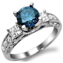 2.0ct Blue 3 Stone Round Diamond Engagement Ring 14k White Gold