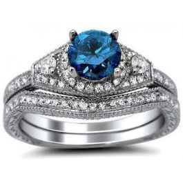 1.12ct Fancy Blue Round Diamond Engagement Bridal Set 14k White Gold