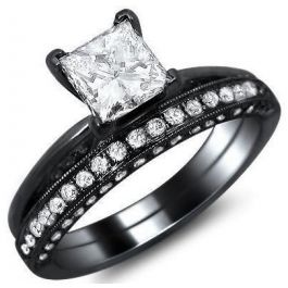 1.51ct Princess Cut Diamond Engagement Ring Bridal Set 18k Black Gold ...