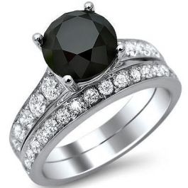 3.02ct Black Round Diamond Engagement Ring Bridal Set 18k White Gold ...