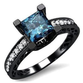 1.87ct Princess Cut Blue Diamond Engagement Ring 18k Black Gold