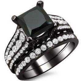 3.70ct Black Princess Cut Diamond Engagement Ring Bridal Set 18k Black ...
