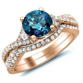 1.50ct Blue Round Diamond Engagement Ring Bridal Set 14k Rose Gold ...