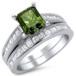 2.07ct Green Cushion Cut Diamond Engagement Ring Bridal Set 14k White ...