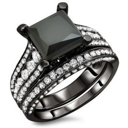 4.0ct Black Princess Cut Diamond Engagement Ring Wedding Band Set 18k ...