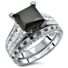 4.04ct Black Princess Diamond Engagement Ring Bridal Set 18k White Gld