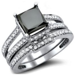 2.42ct Black Princess Diamond Engagement Ring Bridal Set 14k White Gld