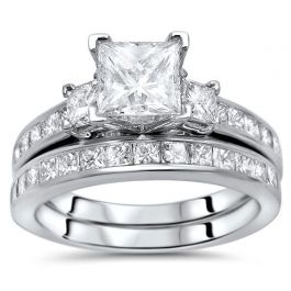 Princess Three Stone Diamond Engagement Ring Bridal Set 14k White Gold
