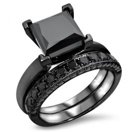 3.40ct Black Princess Diamond Engagement Ring Bridal Set 14k Black Gld
