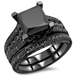 3.80ct Black Princess Cut Diamond Engagement Ring Bridal Set 14k Black ...