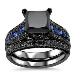 3.80ct Black Princess Cut Diamond Blue Sapphire Engagement Ring Bridal ...