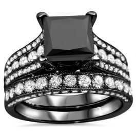 4.35ct Black Princess Cut Diamond Engagement Ring Wedding Band Set 18k ...