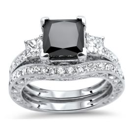 3.75ct Black 3 Stone Princess Cut Diamond Engagement Ring Bridal Set ...