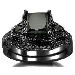 2.01ct Black Princess Diamond Engagement Ring Bridal Set 14k Black Gld