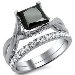 2.20ct Black Princess Cut Diamond Engagement Ring Bridal Set 18k White ...