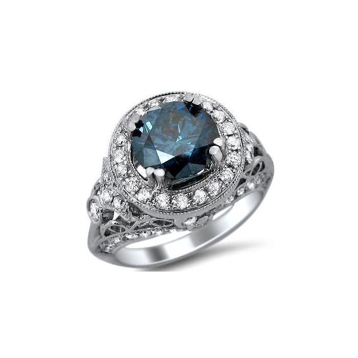 2.75ct Fancy Blue Round Diamond Engagement Ring 14k White Gold / Front ...