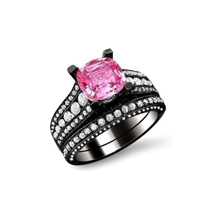 2.70ct Cushion Cut Pink Sapphire Diamond Engagement Ring Bridal Set 18k Black Gold