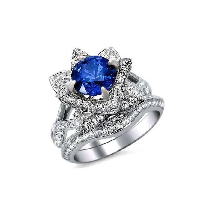 Details about   14K White Gold Over Round Blue Sapphire Lotus Flower Style Bridal Ring Set 925 