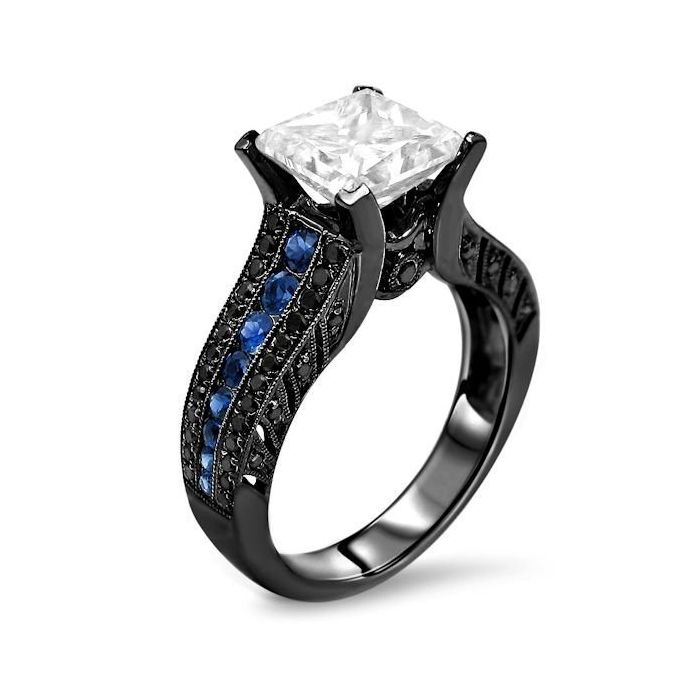 2.80ct Moissanite Black Diamond & Blue Sapphire Engagement Ring 