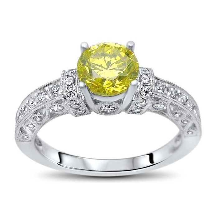 1.25ct Yellow Round Diamond Vintage Style Engagement Ring 14k Wht Gld