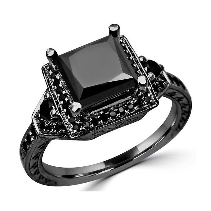 1.85ct Black Princess Cut Diamond Engagement Ring 14k Black Gold