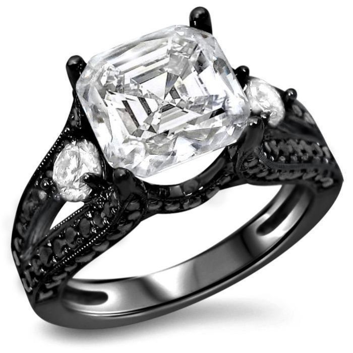 3.0ct Asscher Cut Moissanite and Black Diamond Engagement Ring 14k ...