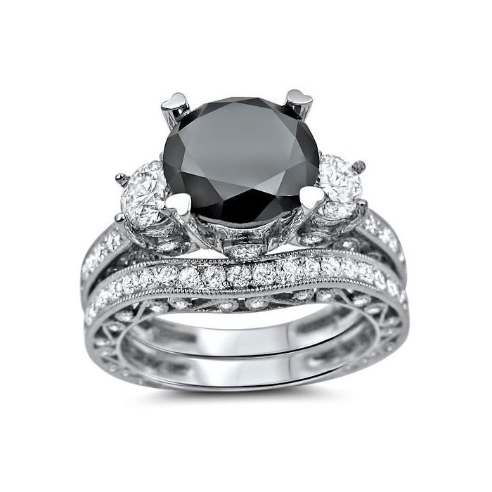 4.15ct Black 3 Stone Round Diamond Engagement Ring Bridal Set 18k White ...