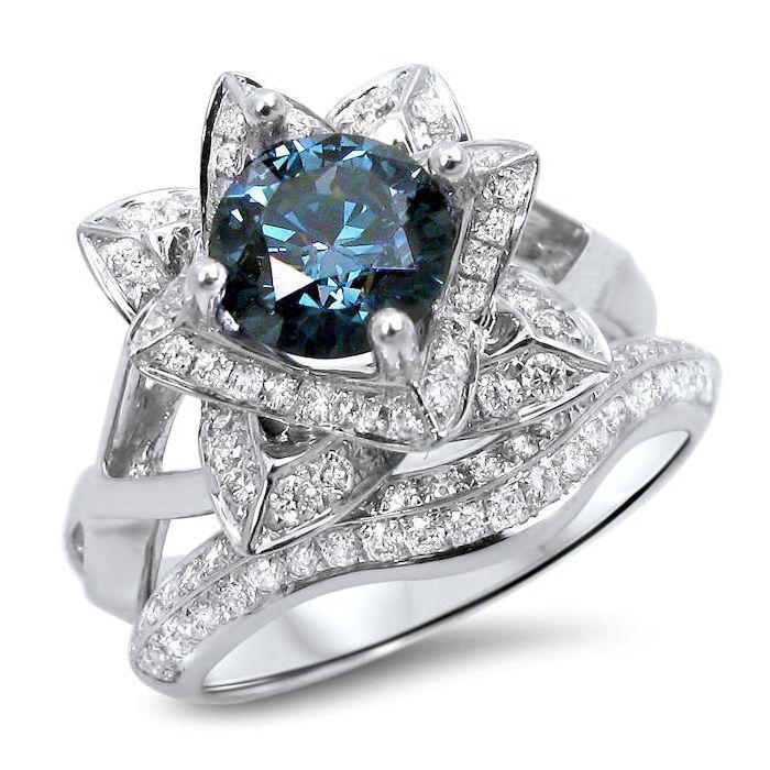 2.0ct Blue Round Diamond Lotus Flower Engagement Ring Set 14k White