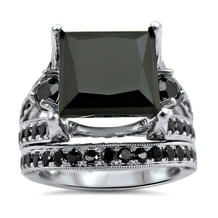 7.30ct Black Princess Cut Diamond Engagement Ring Bridal Set 14k White ...
