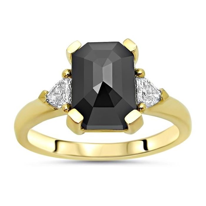 8x6mm Black Emerald Cut Diamond 3 Stone Trillion Engagement Ring 14k ...