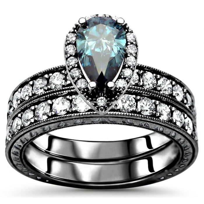1.73ct Blue Pear Shape Diamond Halo Engagement Ring Vintage Style