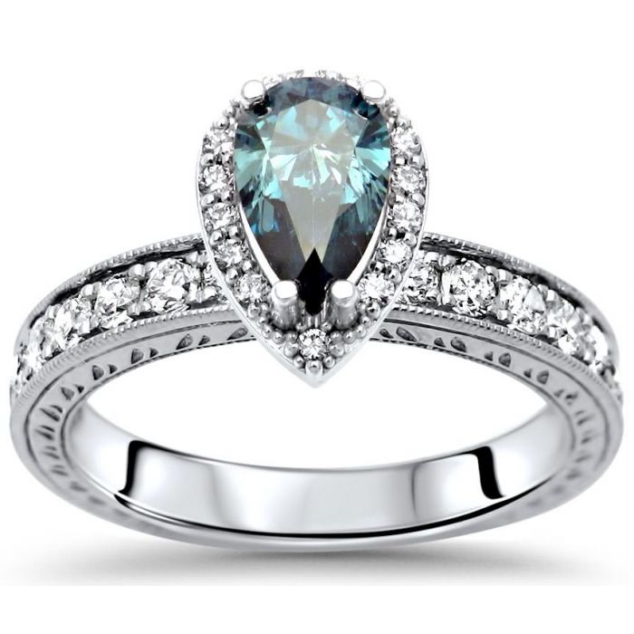 1.25ct Blue Pear Shape Diamond Halo Engagement Ring Vintage Style 14k White Gold