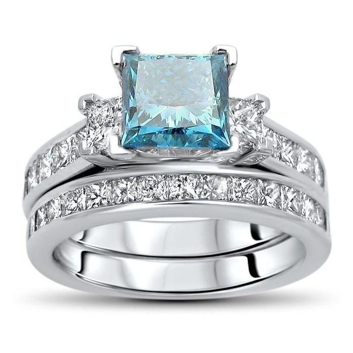 2.50ct Blue 3 Stone Princess Cut Diamond Engagement Ring Bridal Set 14k White Gold