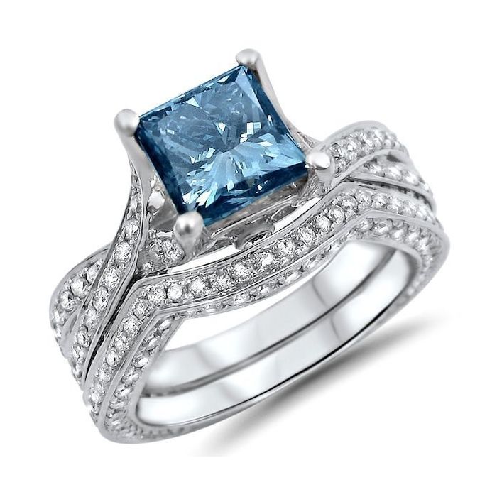 2.40ct Blue Princess Cut Diamond Engagement Ring Bridal Set 14k White ...