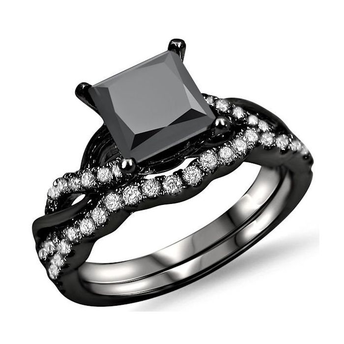 1.50ct Black Princess Diamond Engagement Ring Bridal Set 14k Black Gld