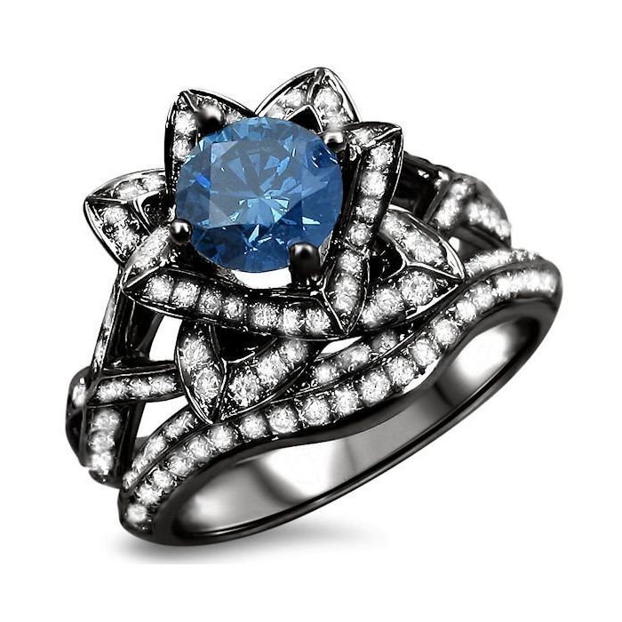 2.05ct Blue Round Diamond Lotus Flower Engagement Ring Set 14k Black Gold
