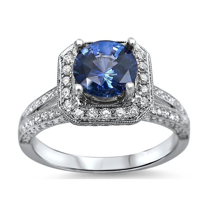 2.15ct Round Blue Sapphire Diamond Engagement Ring 18k White Gold ...