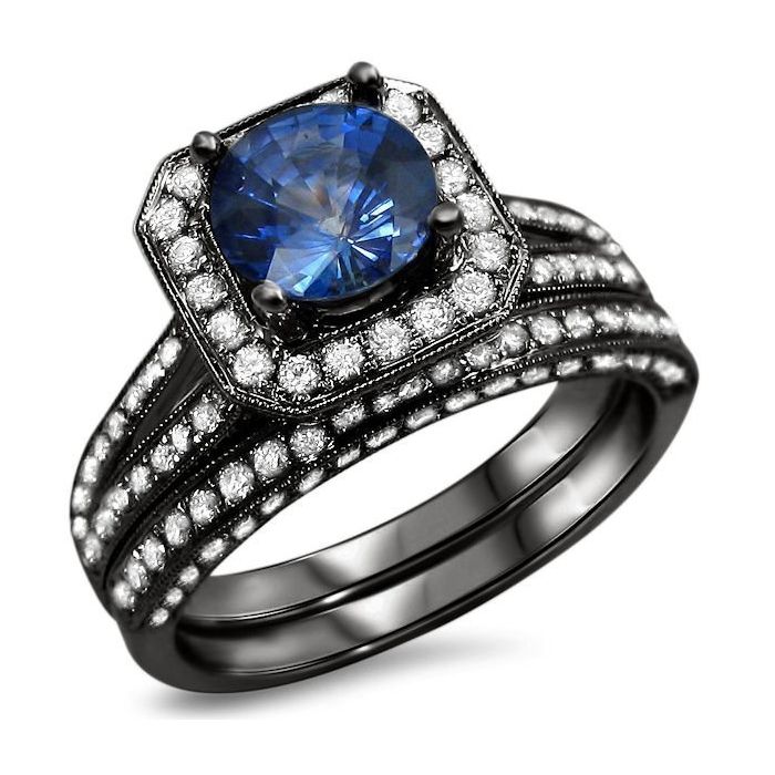 6.5mm Round Blue Sapphire Diamond Ring Bridal Set 18k Black Gold ...