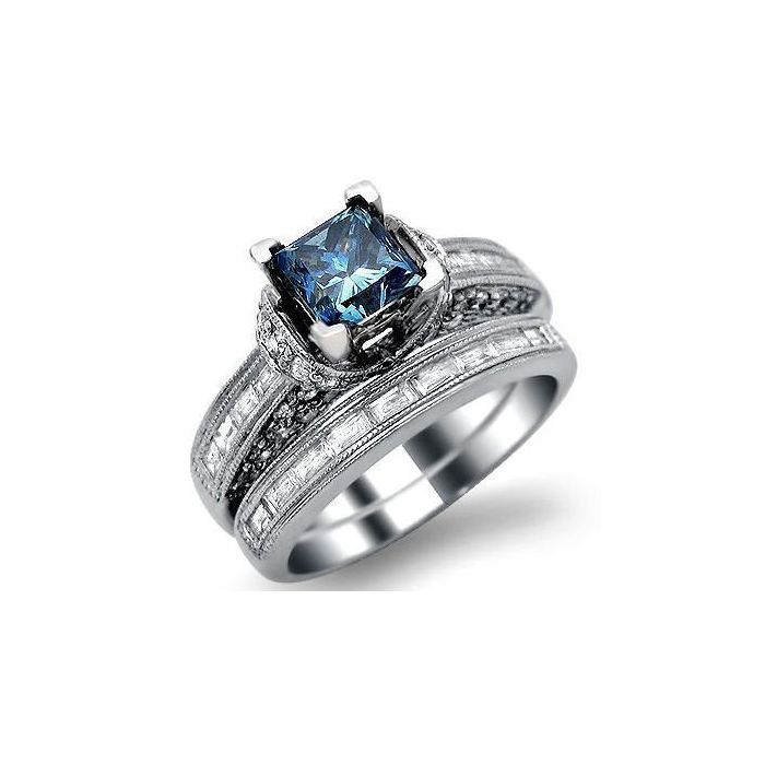 2.30ct Blue Princess Cut Diamond Vintage Engagement Ring Set 18k White ...