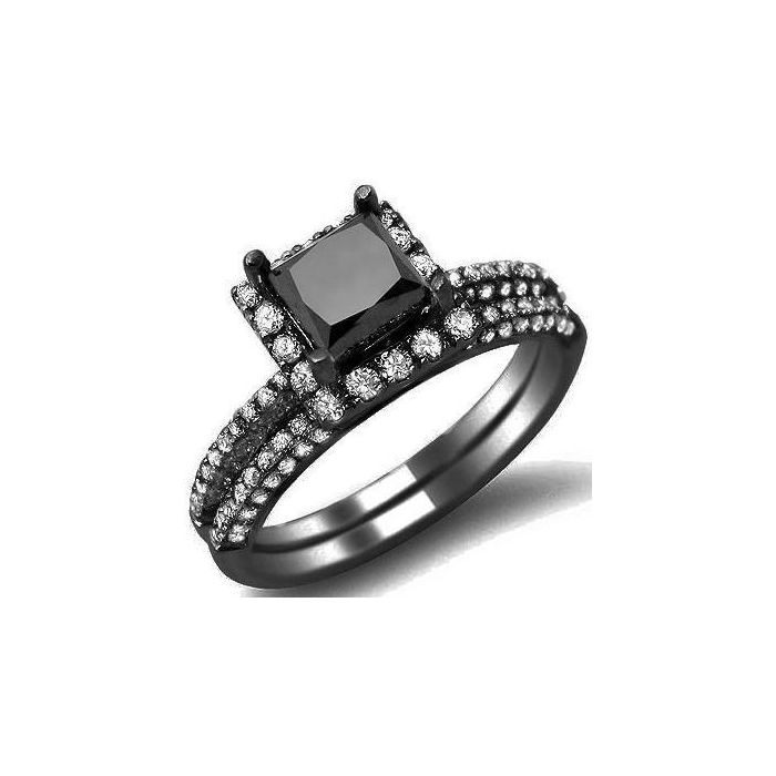 Black Princess Cut Diamond Engagement Ring Wedding Set
