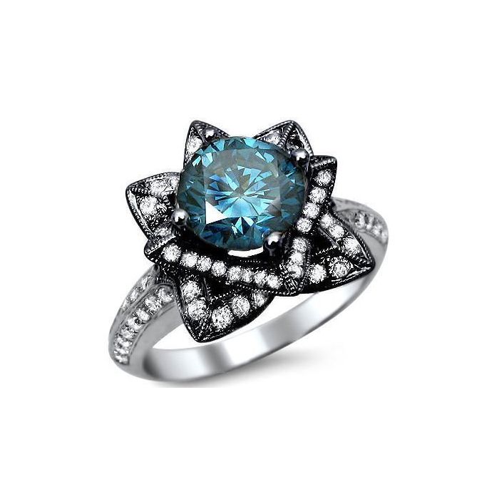 2.01ct Blue Round Diamond Lotus Flower Engagement Ring 14k Black White ...